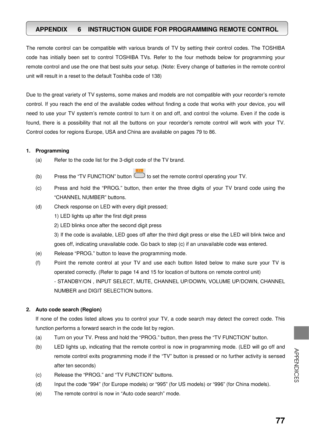 Toshiba HDD-J35 manual Appendix 6 Instruction Guide for Programming Remote Control, Auto code search Region 