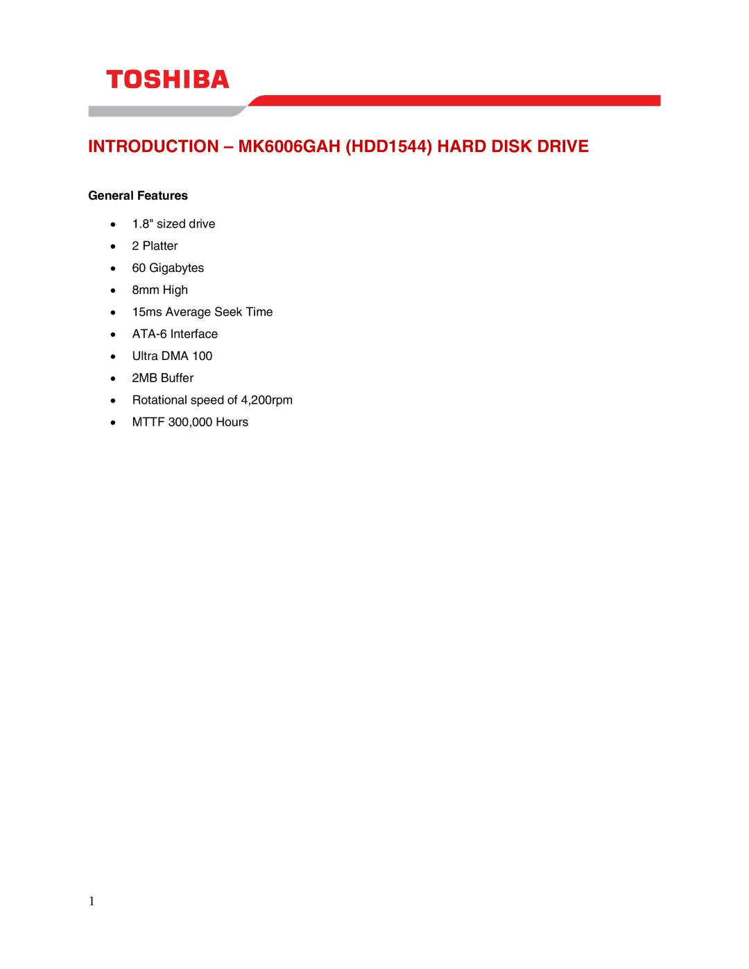 Toshiba user manual Introduction MK6006GAH HDD1544 Hard Disk Drive, General Features 