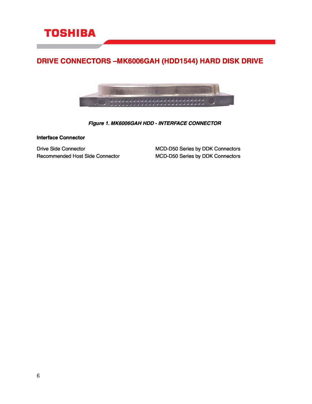 Toshiba DRIVE CONNECTORS -MK6006GAH HDD1544 HARD DISK DRIVE, MK6006GAH HDD - INTERFACE CONNECTOR, Interface Connector 