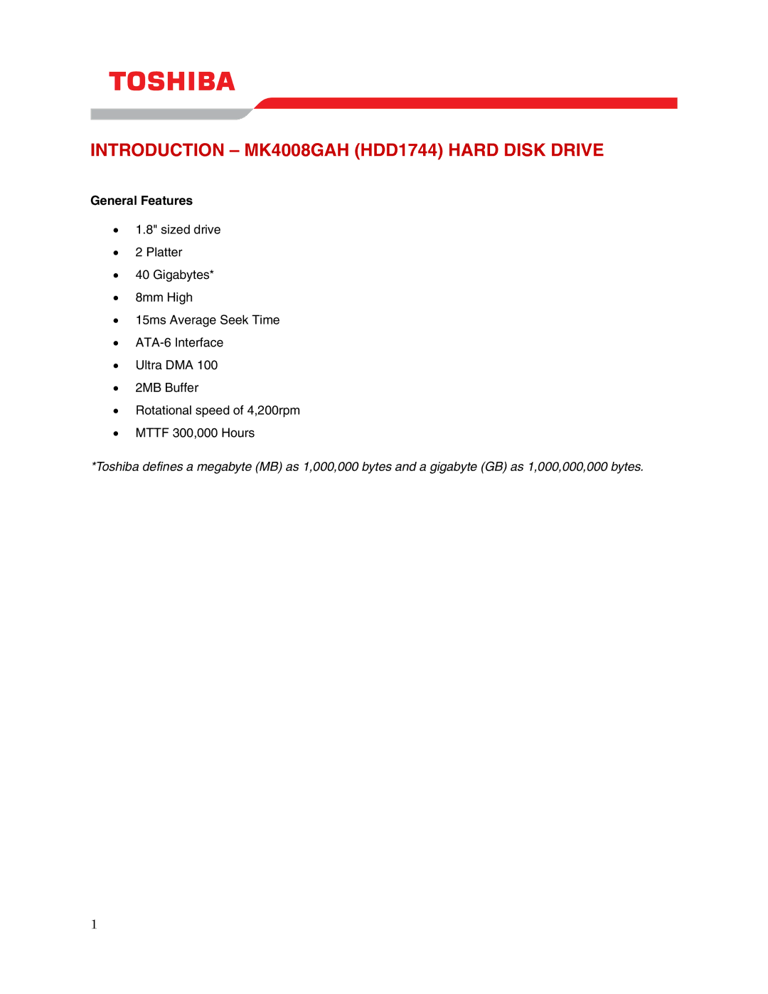 Toshiba user manual Introduction MK4008GAH HDD1744 Hard Disk Drive, General Features 