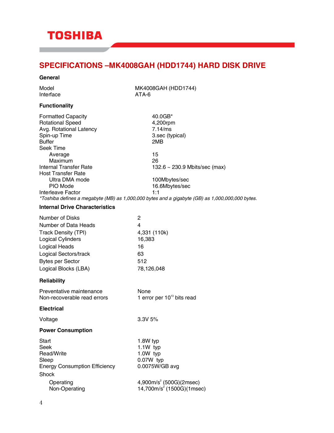 Toshiba user manual Specifications -MK4008GAH HDD1744 Hard Disk Drive 