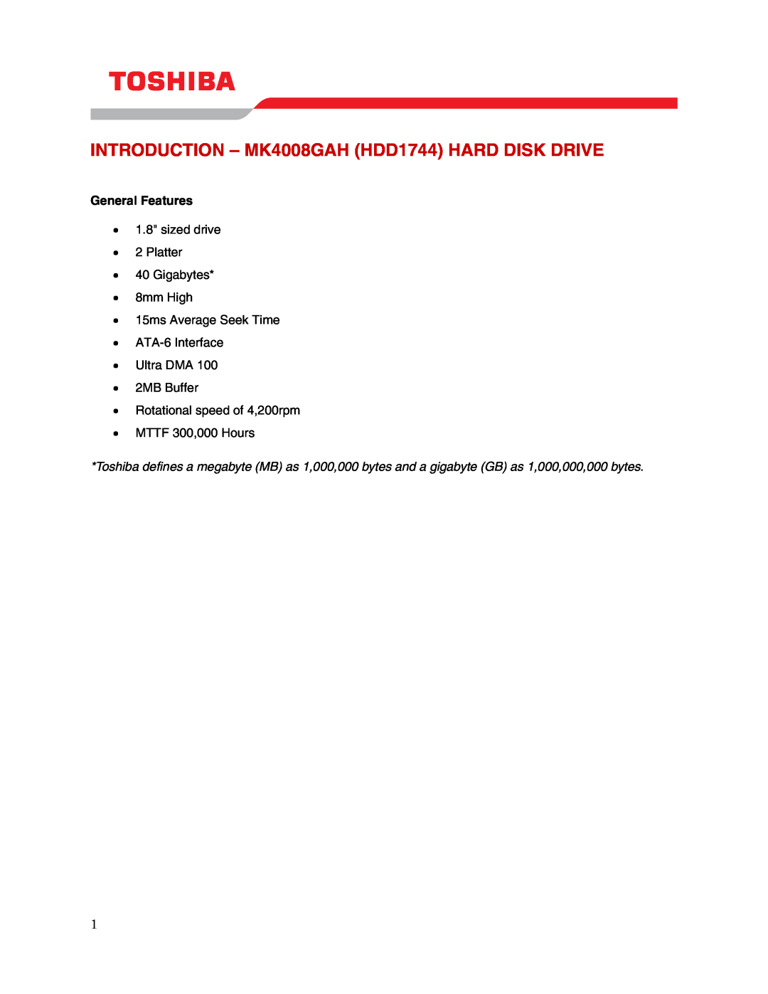 Toshiba user manual INTRODUCTION - MK4008GAH HDD1744 HARD DISK DRIVE, General Features 