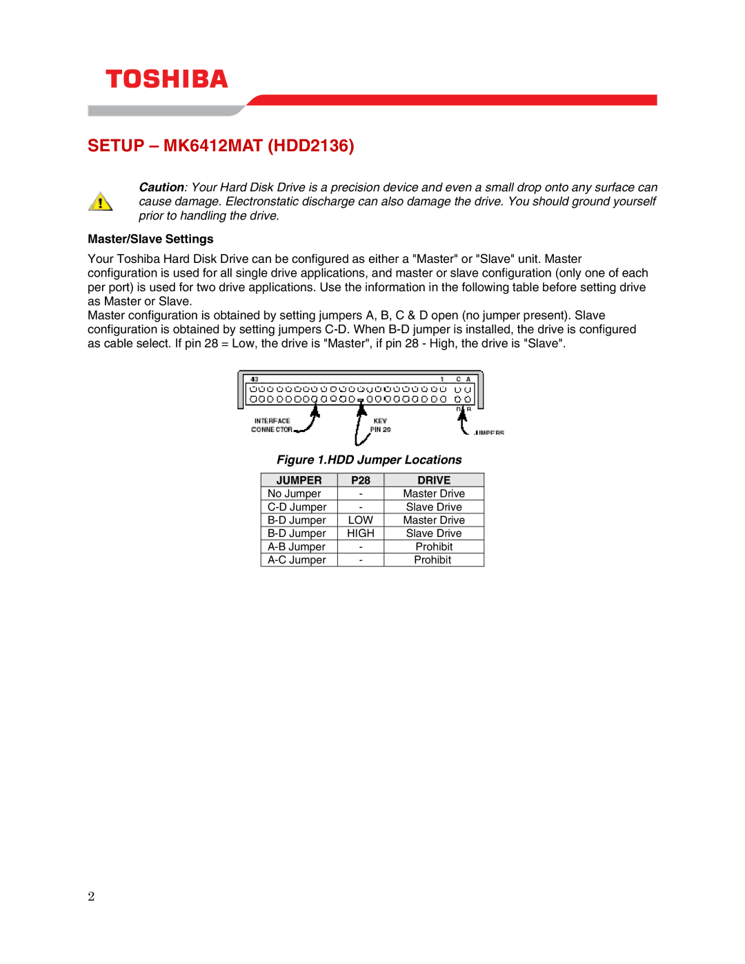 Toshiba user manual Setup MK6412MAT HDD2136, Master/Slave Settings 