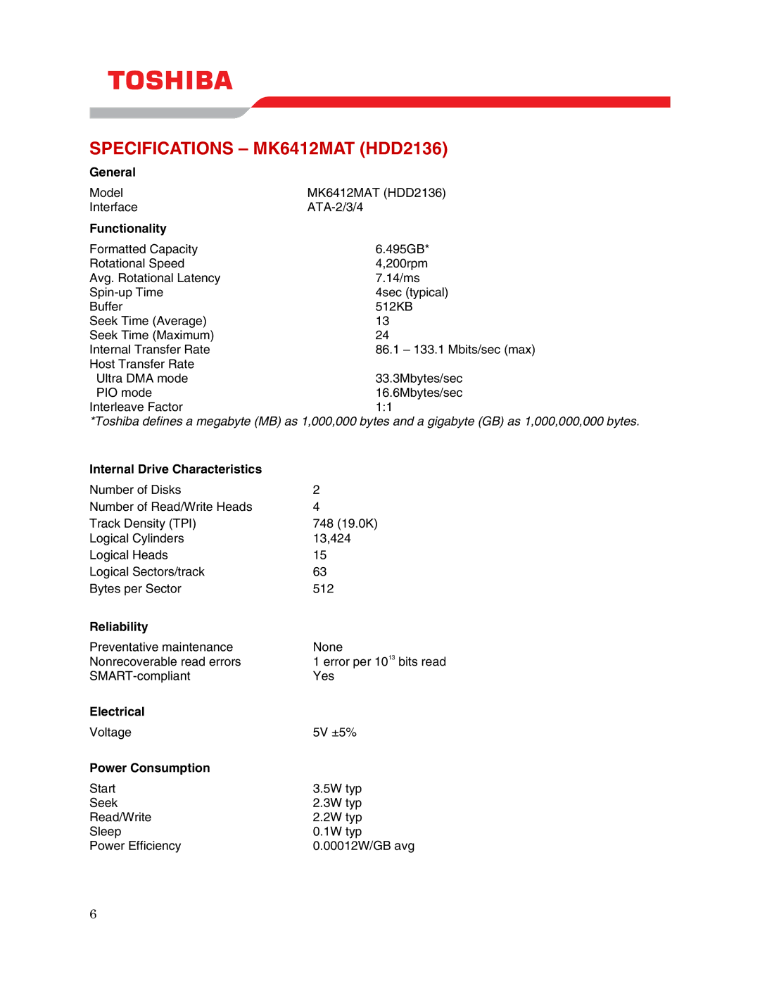 Toshiba user manual Specifications MK6412MAT HDD2136 