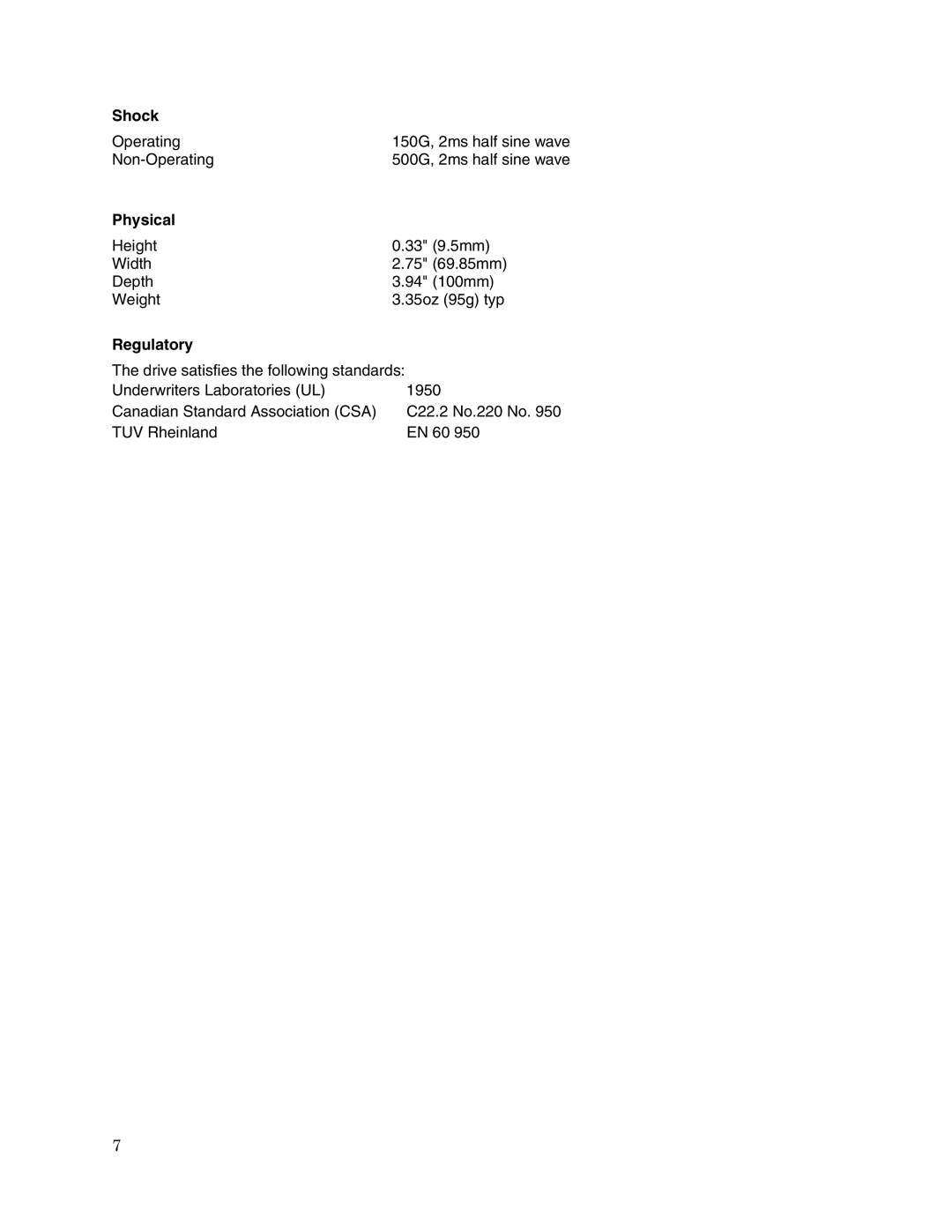 Toshiba HDD2136 user manual Shock, Physical, Regulatory 