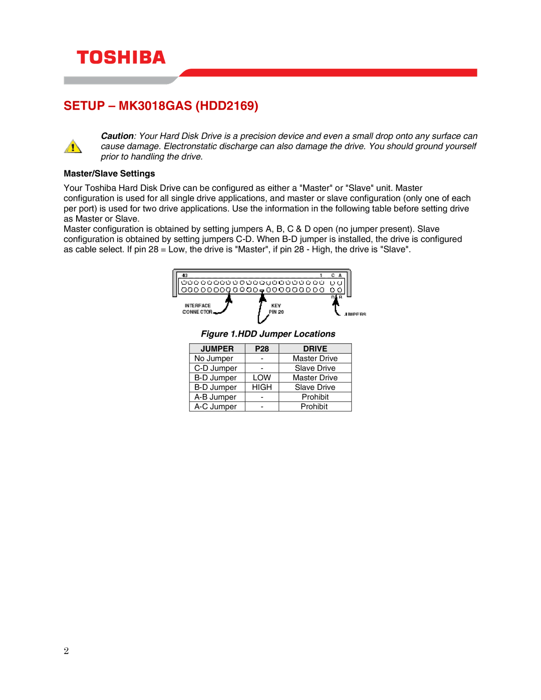 Toshiba user manual Setup MK3018GAS HDD2169, Master/Slave Settings 