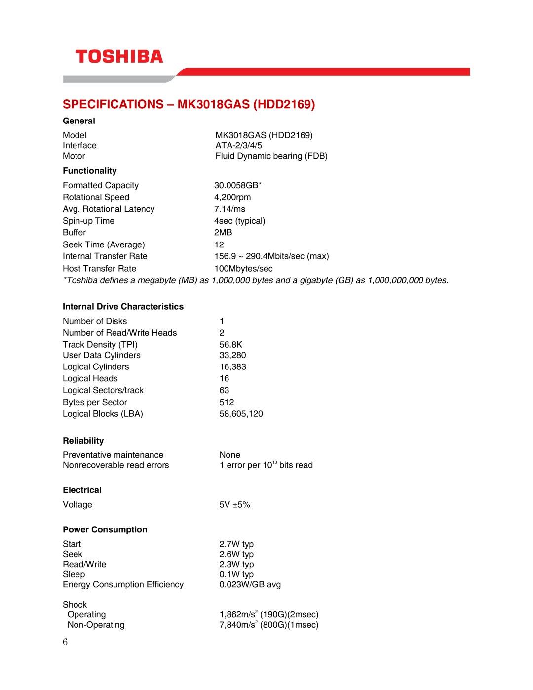 Toshiba user manual Specifications MK3018GAS HDD2169 