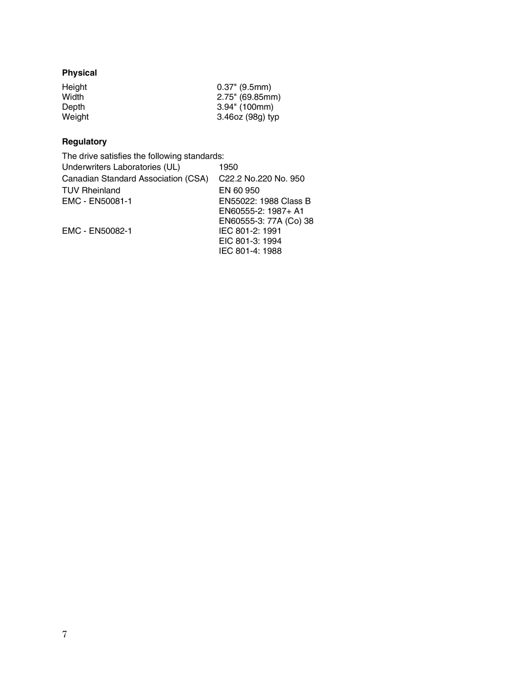 Toshiba HDD2169 user manual Physical, Regulatory 