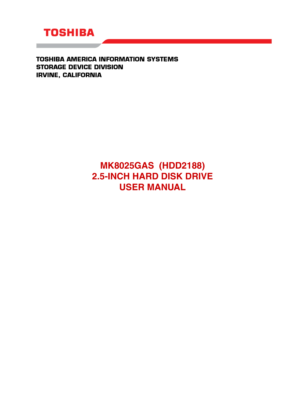 Toshiba (HDD2188) user manual Inch Hard Disk Drive 