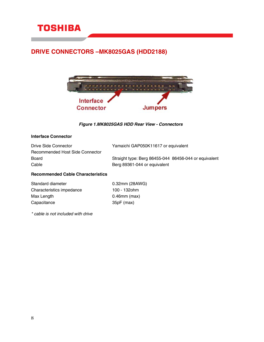 Toshiba (HDD2188) user manual Drive Connectors -MK8025GAS HDD2188, Interface Connector, Recommended Cable Characteristics 