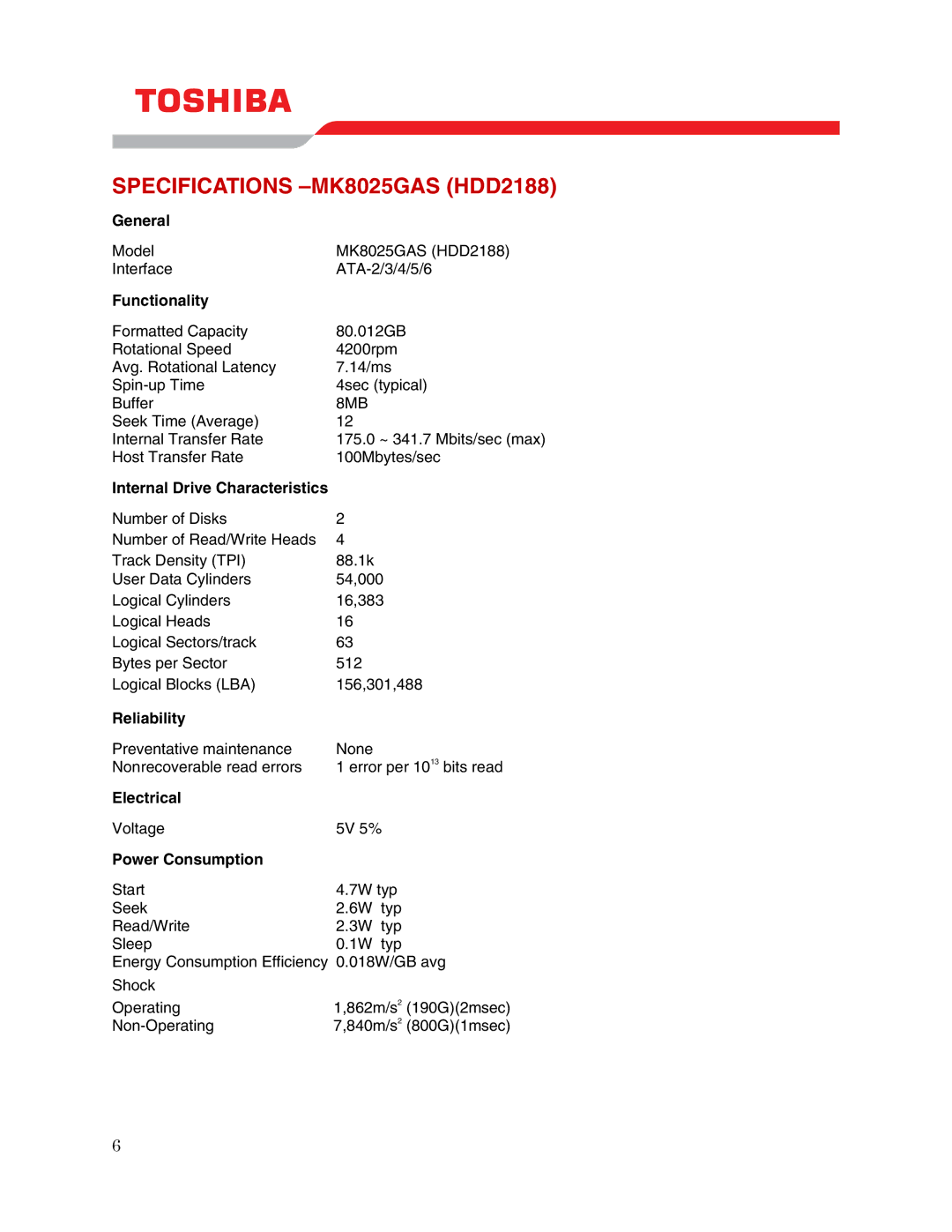 Toshiba (HDD2188) user manual Specifications -MK8025GAS HDD2188 