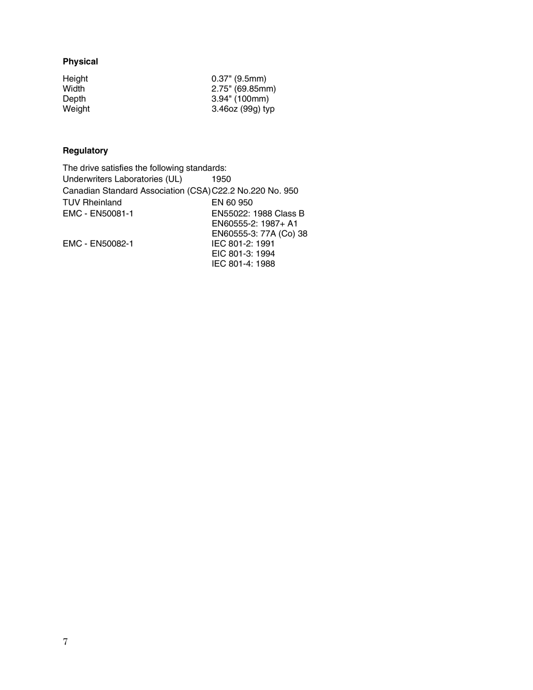 Toshiba (HDD2188) user manual Physical, Regulatory 