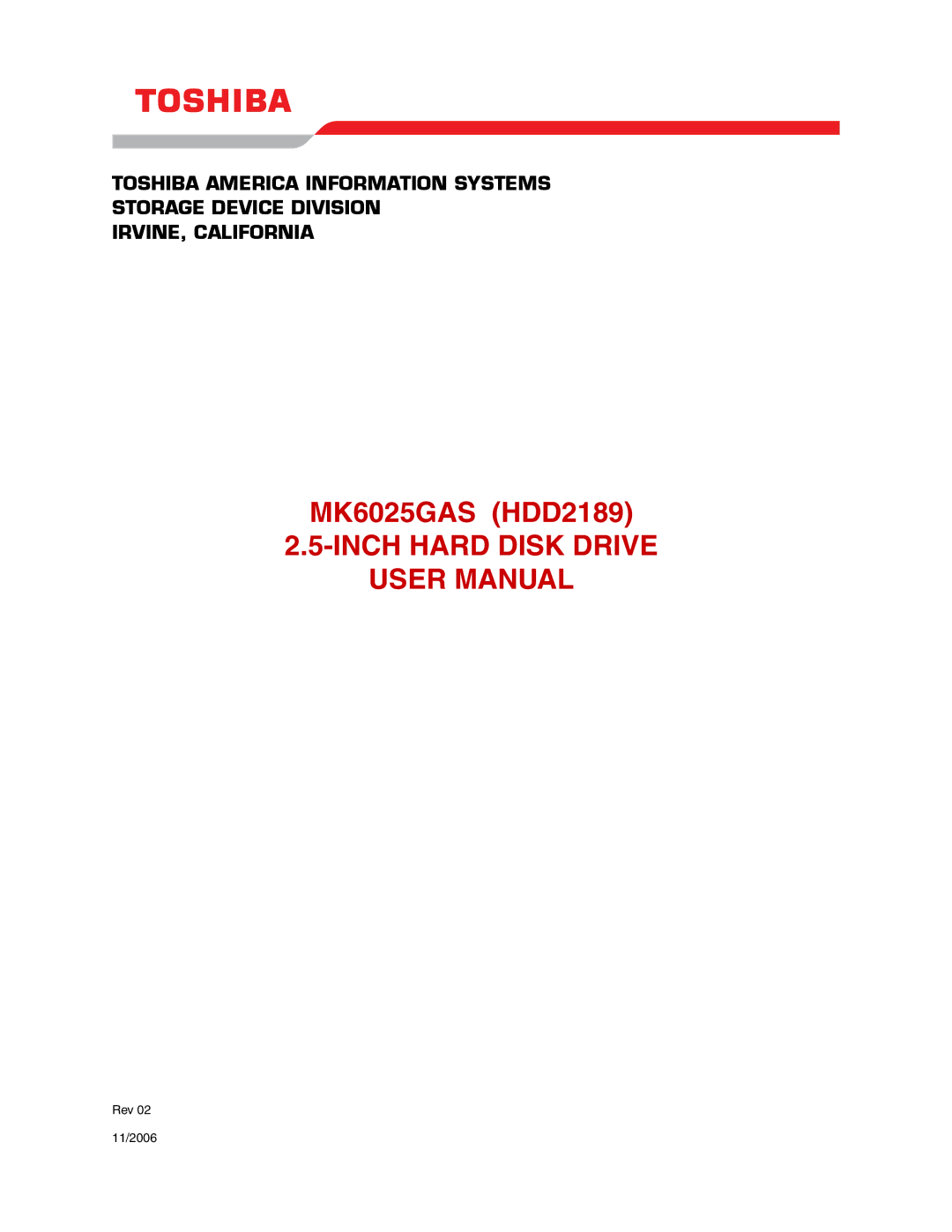 Toshiba HDD2189 user manual Inch Hard Disk Drive 