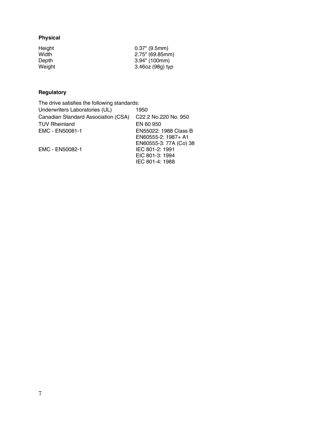 Toshiba HDD2189 user manual Physical, Regulatory 