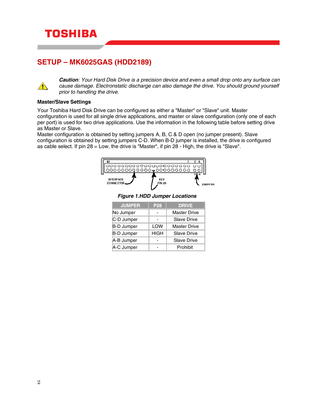 Toshiba user manual Setup MK6025GAS HDD2189, Master/Slave Settings 