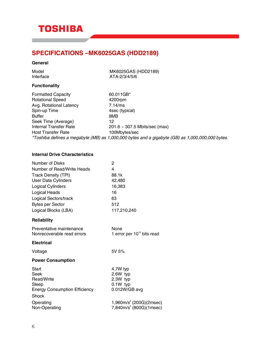 Toshiba user manual Specifications -MK6025GAS HDD2189 