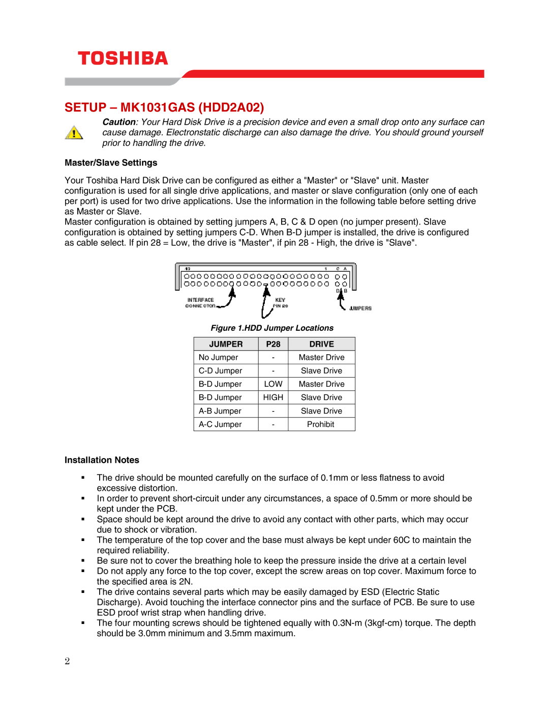 Toshiba user manual Setup MK1031GAS HDD2A02, Master/Slave Settings, Installation Notes 