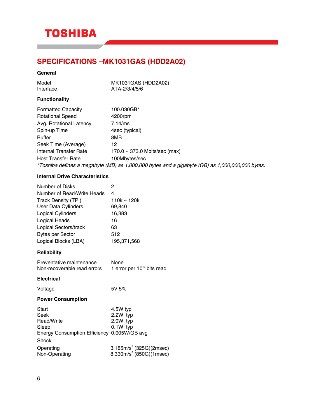 Toshiba user manual Specifications -MK1031GAS HDD2A02 