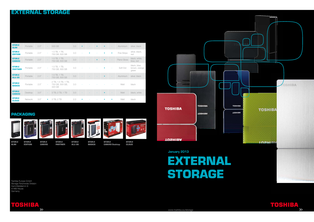 Toshiba HDTD210XK3E1 specifications External Storage, EXTERNAL Storage, Packaging, January, Stor.E Slim, Edition, Canvio 