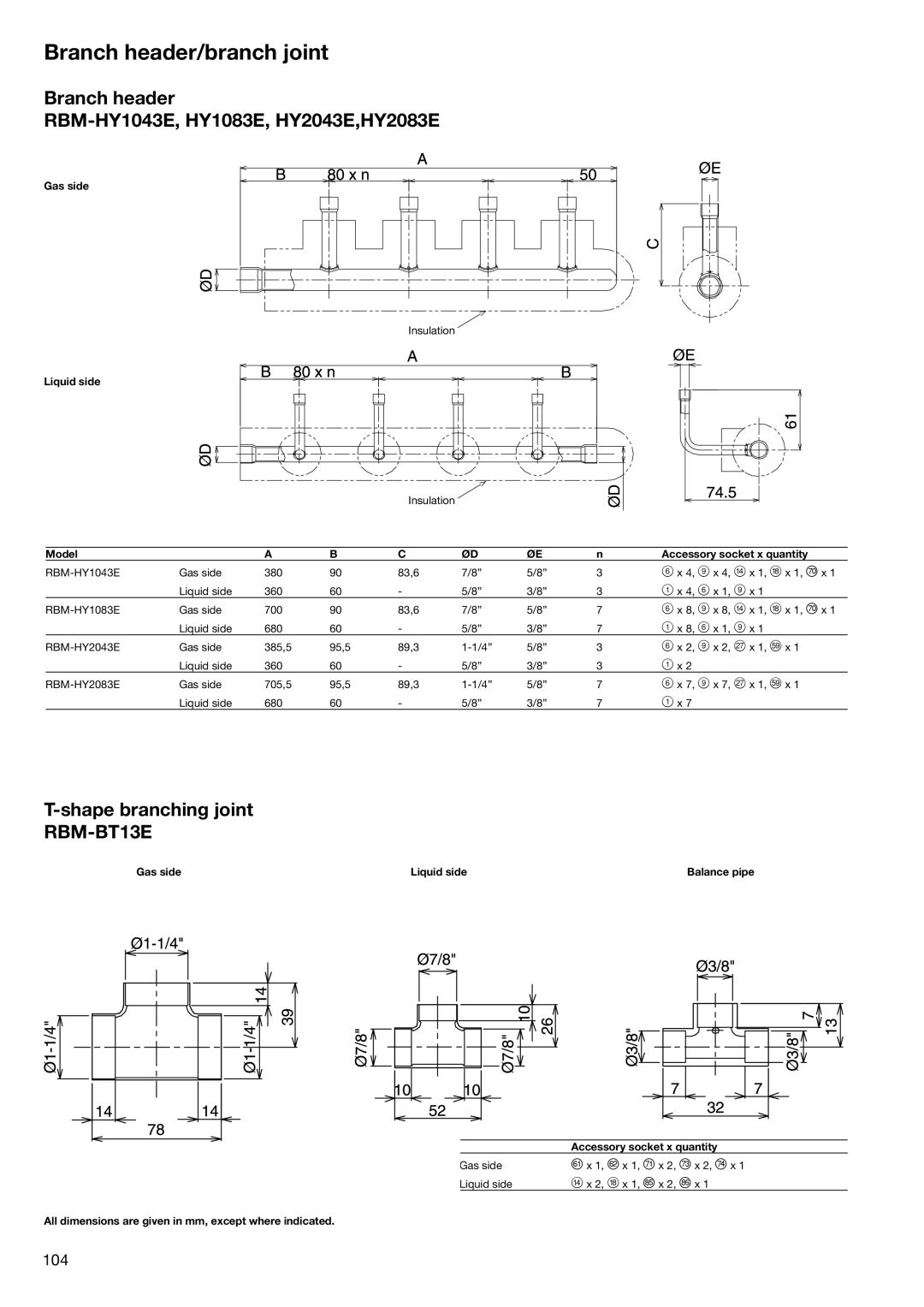 Toshiba HFC R-410A Branch header/branch joint, Branch header RBM-HY1043E, HY1083E, HY2043E,HY2083E, Shape branching joint 