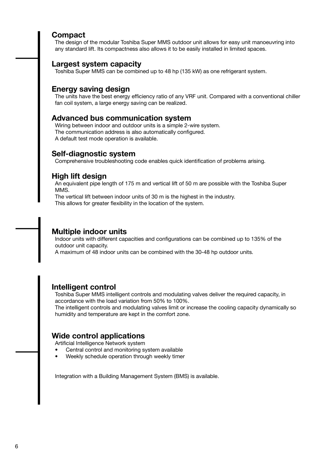 Toshiba HFC R-410A manual  Compact,  Largest system capacity,  Energy saving design,  Advanced bus communication system 