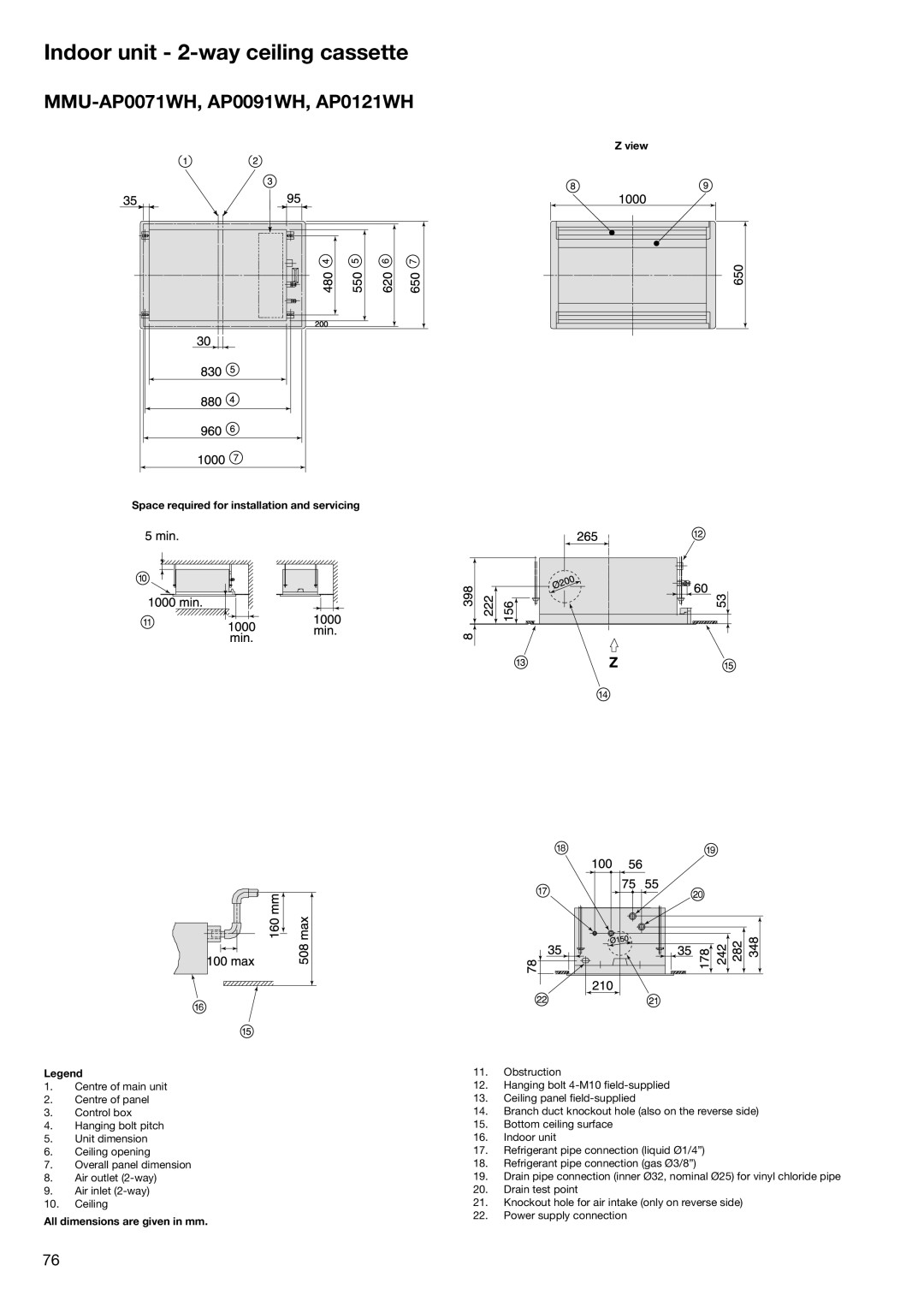 Toshiba HFC R-410A manual Indoor unit 2-way ceiling cassette, MMU-AP0071WH, AP0091WH, AP0121WH 