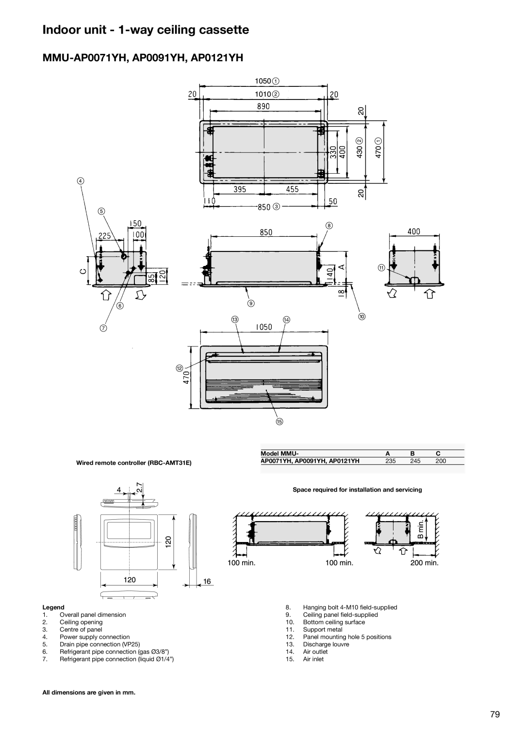 Toshiba HFC R-410A manual Indoor unit 1-way ceiling cassette, MMU-AP0071YH, AP0091YH, AP0121YH 