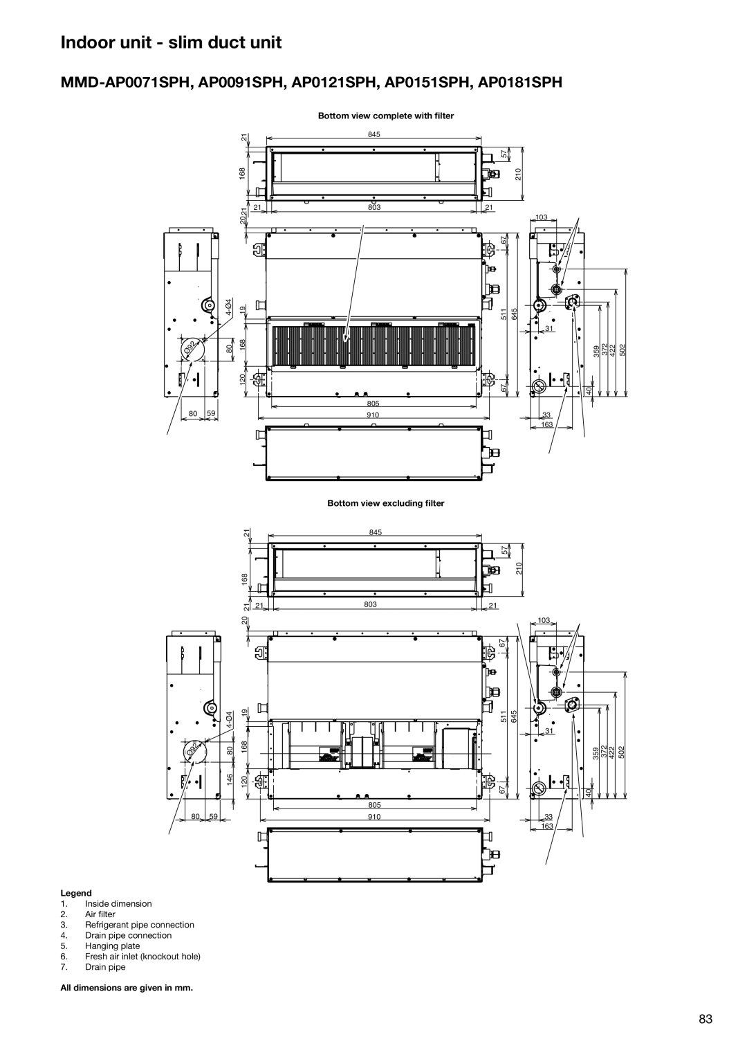 Toshiba HFC R-410A manual Indoor unit slim duct unit, MMD-AP0071SPH, AP0091SPH, AP0121SPH, AP0151SPH, AP0181SPH 