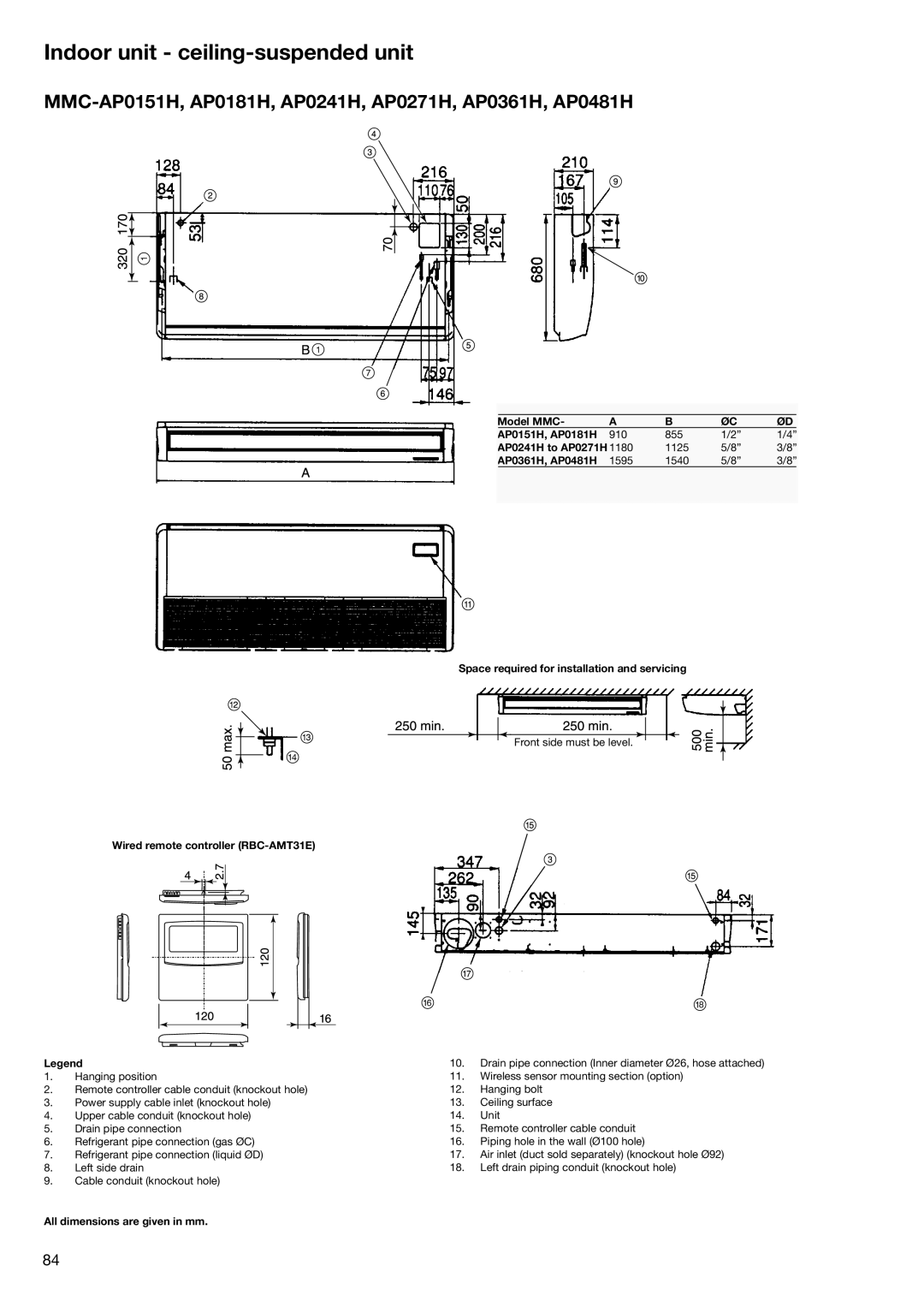 Toshiba HFC R-410A manual Indoor unit ceiling-suspended unit, MMC-AP0151H, AP0181H, AP0241H, AP0271H, AP0361H, AP0481H 