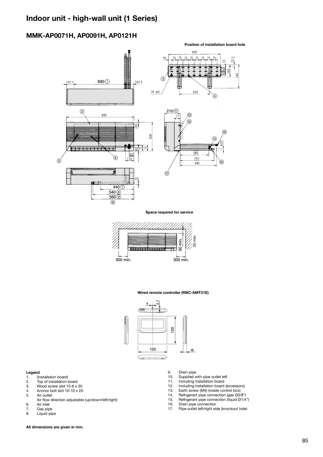 Toshiba HFC R-410A manual Indoor unit high-wall unit 1 Series, MMK-AP0071H, AP0091H, AP0121H 