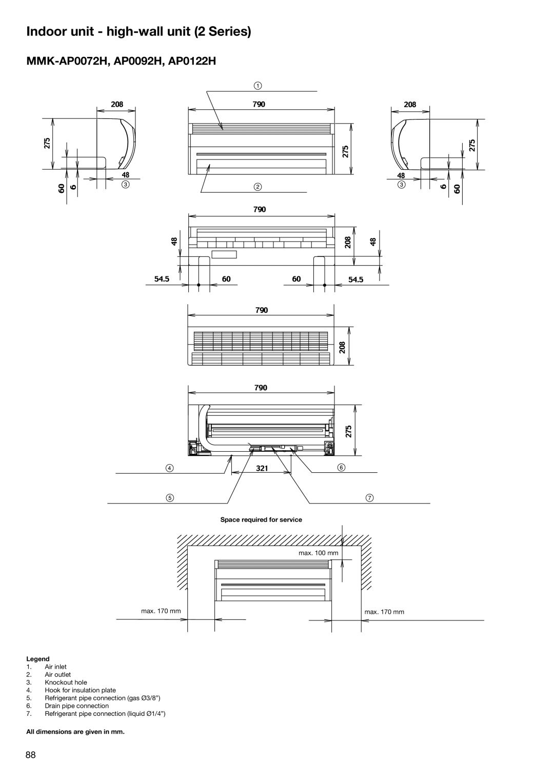 Toshiba HFC R-410A manual Indoor unit high-wall unit 2 Series, MMK-AP0072H, AP0092H, AP0122H 