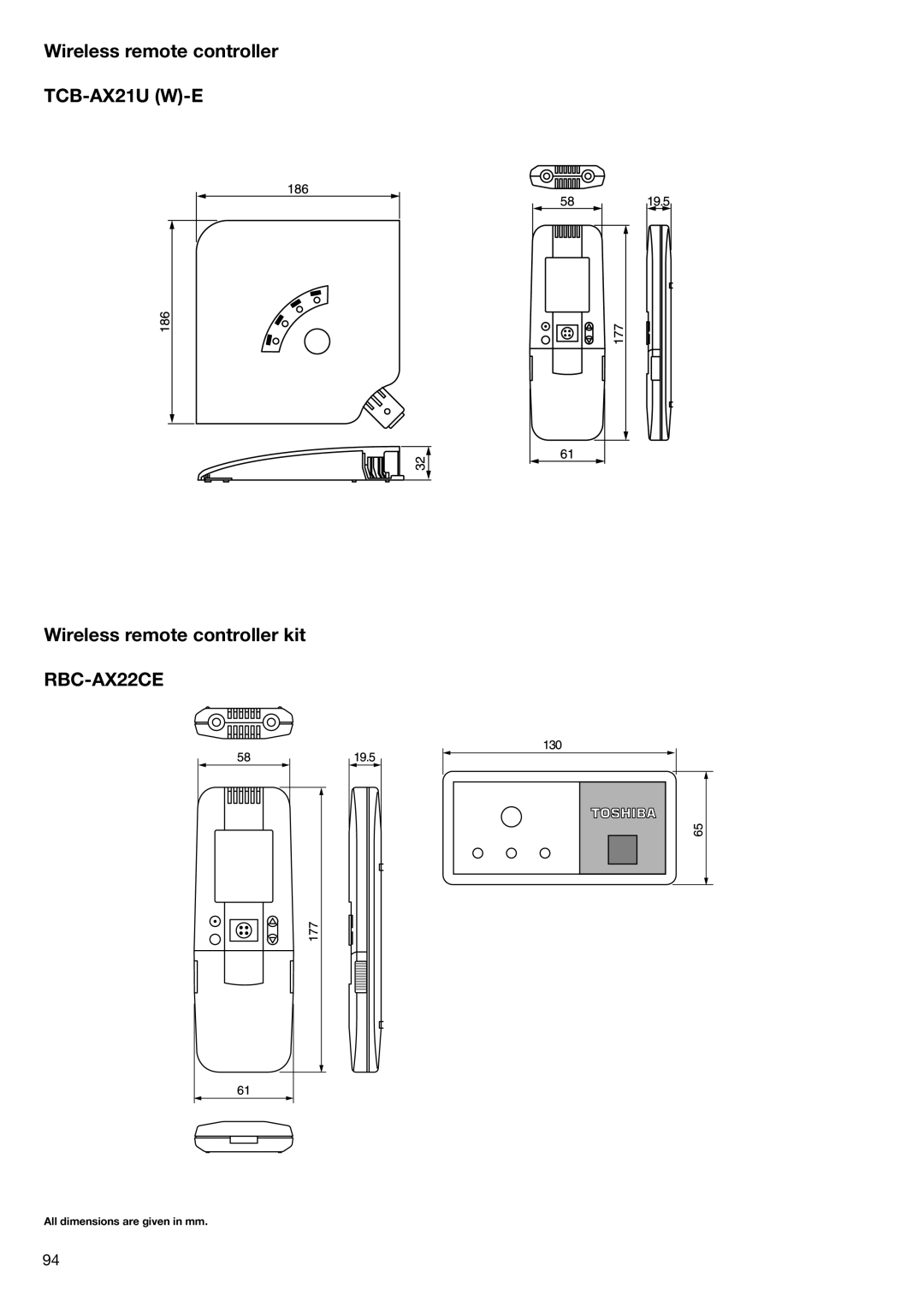 Toshiba HFC R-410A manual All dimensions are given in mm 