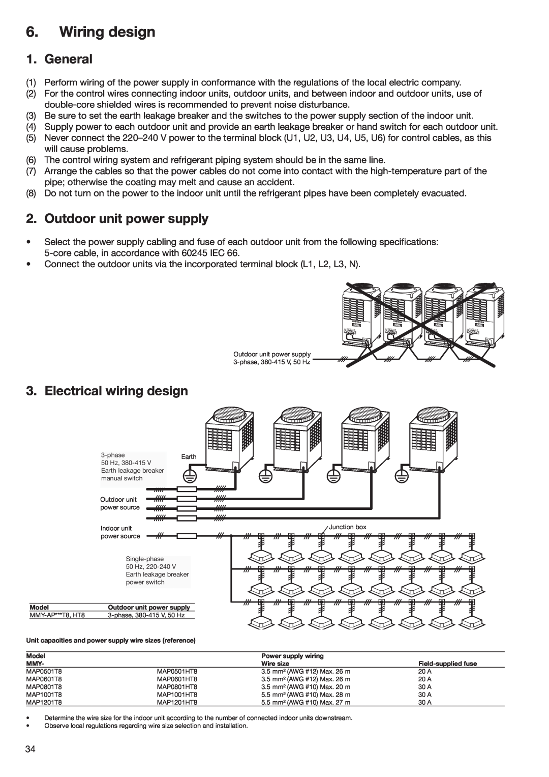Toshiba HFC R-410A manual Wiring design, General, Outdoor unit power supply, Electrical wiring design 