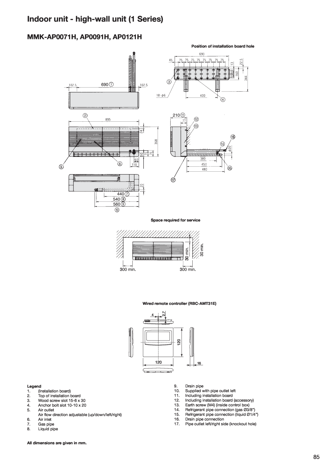 Toshiba HFC R-410A manual Indoor unit - high-wallunit 1 Series, MMK-AP0071H,AP0091H, AP0121H 