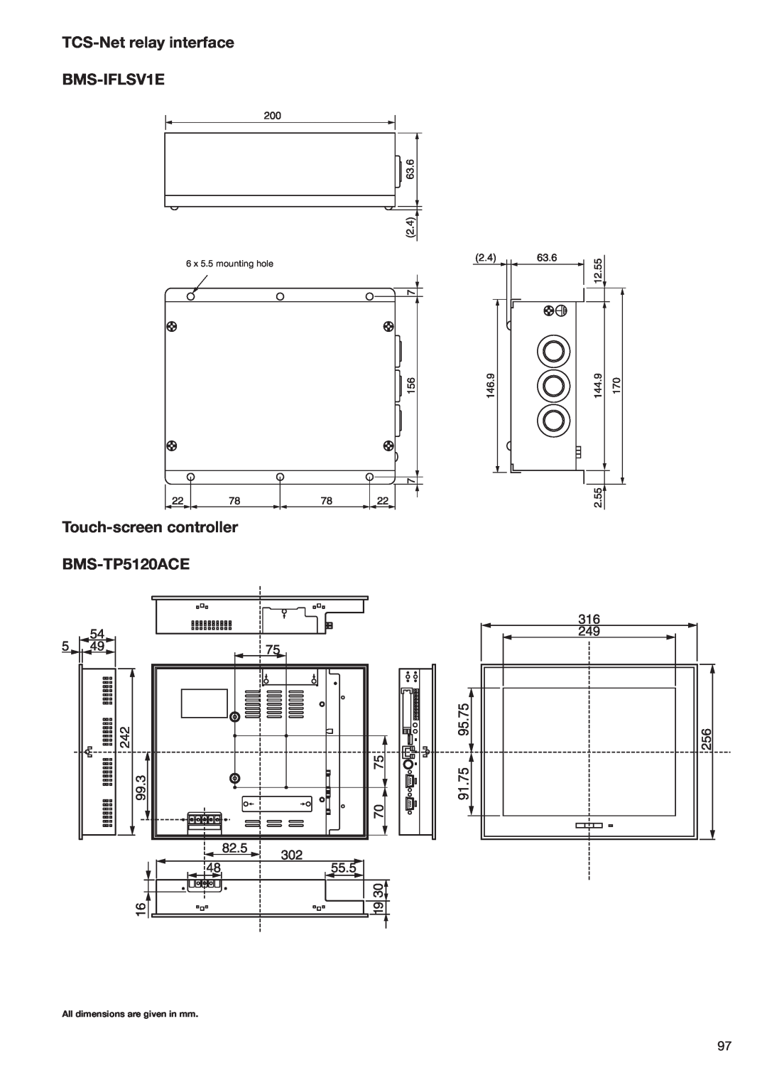 Toshiba HFC R-410A manual TCS-Netrelay interface BMS-IFLSV1E, Touch-screencontroller BMS-TP5120ACE, 6 x 5.5 mounting hole 