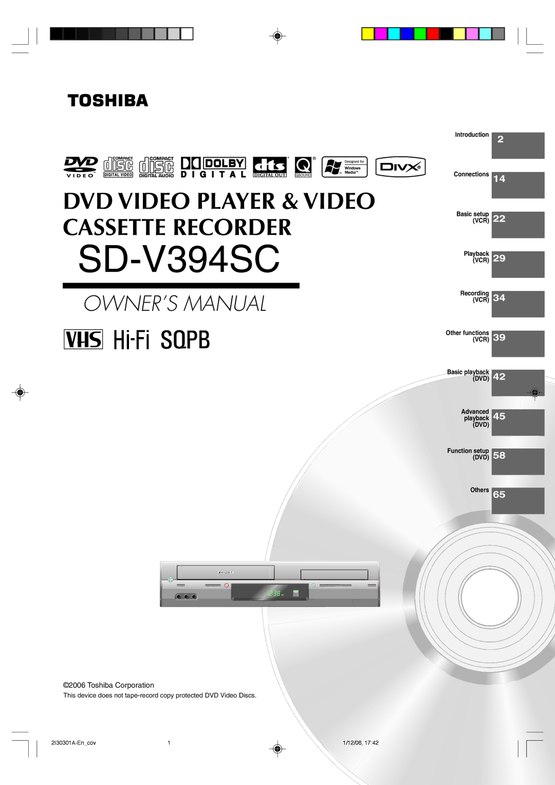 Toshiba HI-FI SQPB owner manual SD-V394SC, Toshiba Corporation 