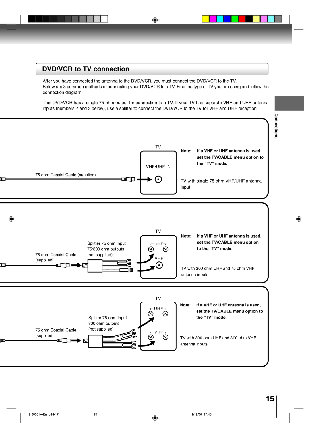 Toshiba HI-FI SQPB DVD/VCR to TV connection, Connections Set the TV/CABLE menu option to TV mode, To the TV mode 