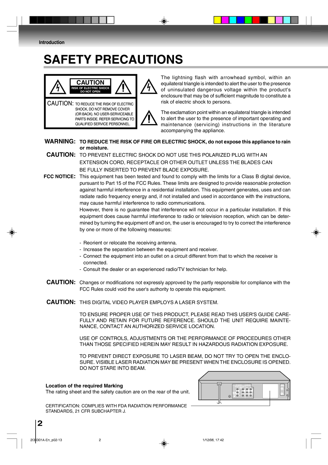 Toshiba HI-FI SQPB owner manual Introduction, Location of the required Marking 