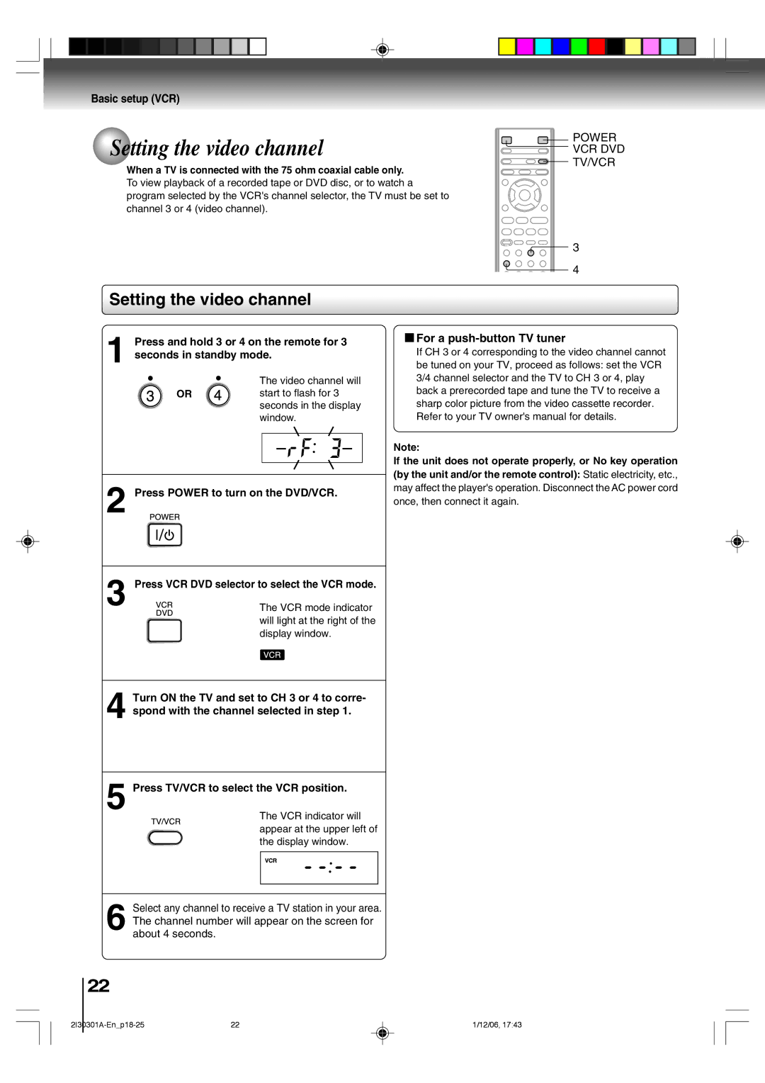 Toshiba HI-FI SQPB owner manual Setting the video channel, Basic setup VCR, For a push-button TV tuner 