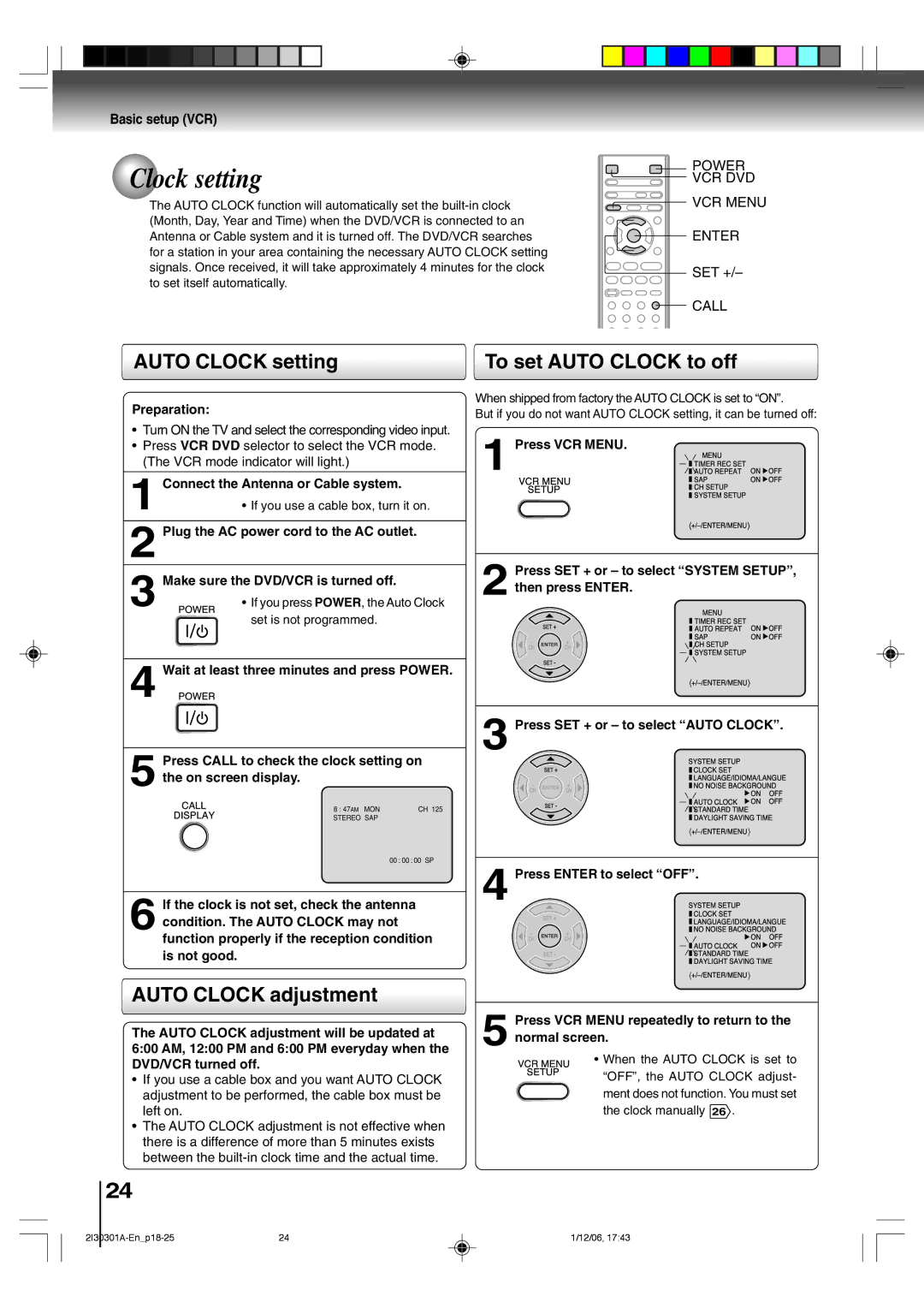 Toshiba HI-FI SQPB owner manual Clock setting, To set Auto Clock to off, Auto Clock adjustment 