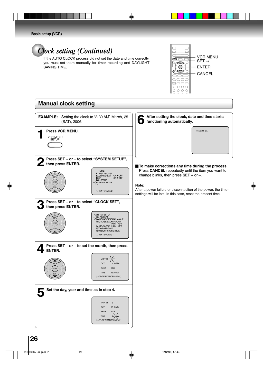 Toshiba HI-FI SQPB owner manual Manual clock setting, Example Setting the clock to 830 AM March, 25 SAT, Enter 