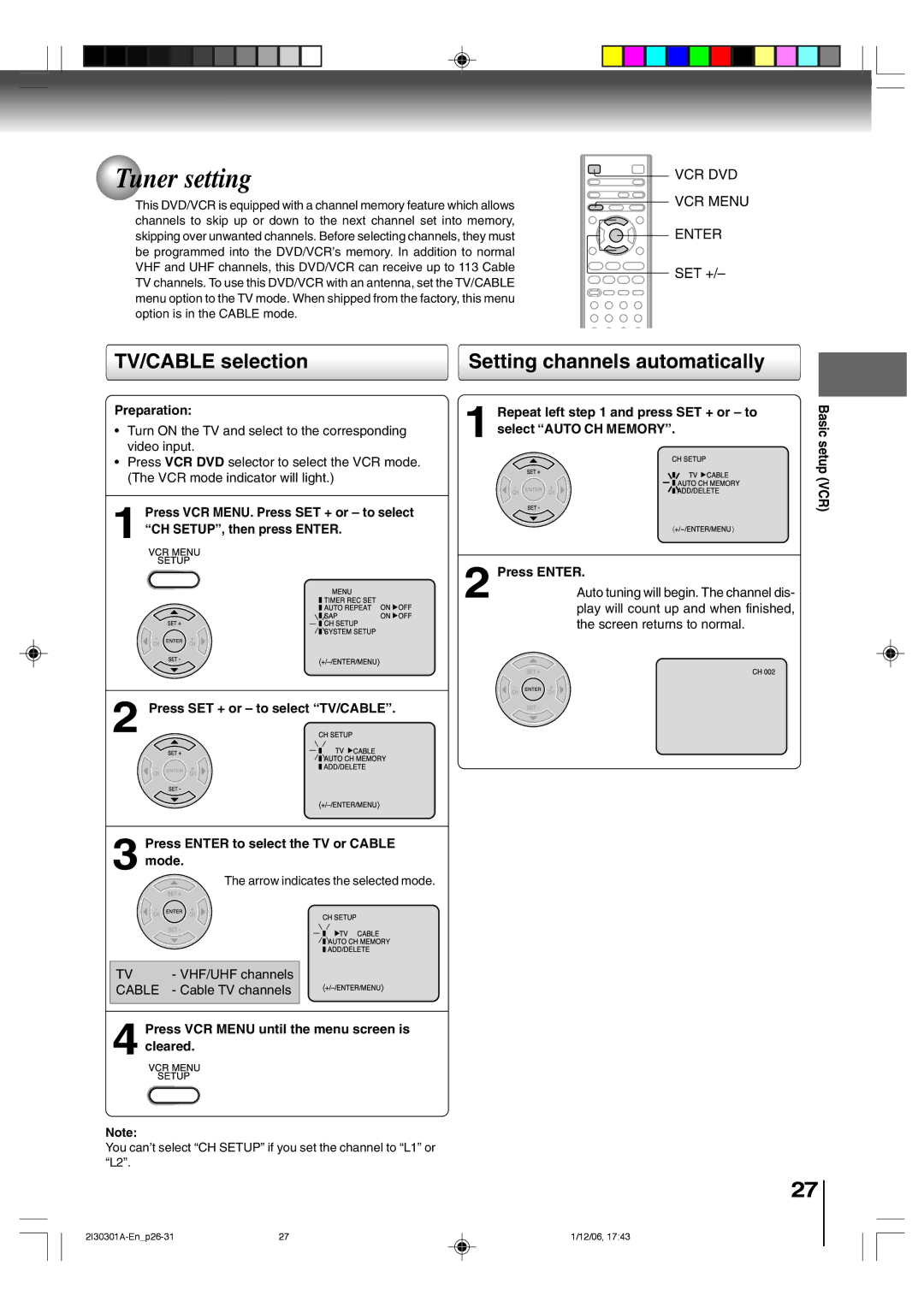 Toshiba HI-FI SQPB owner manual Tuner setting, TV/CABLE selection, Setting channels automatically, Vcr 