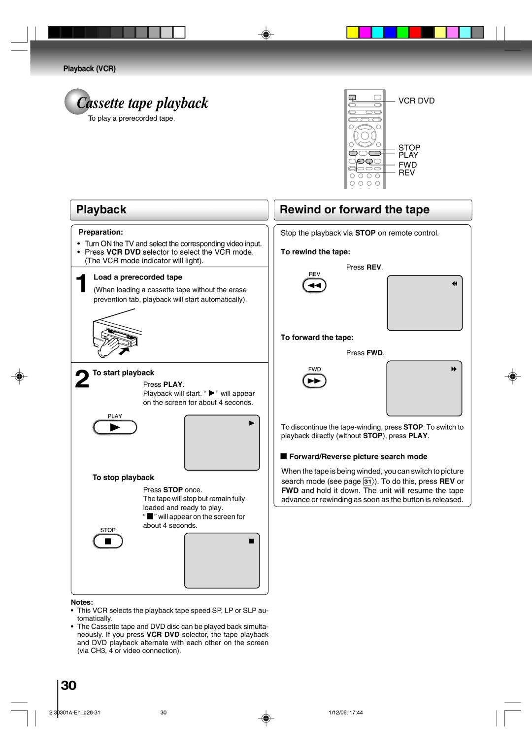 Toshiba HI-FI SQPB owner manual Cassette tape playback, Playback, Rewind or forward the tape 