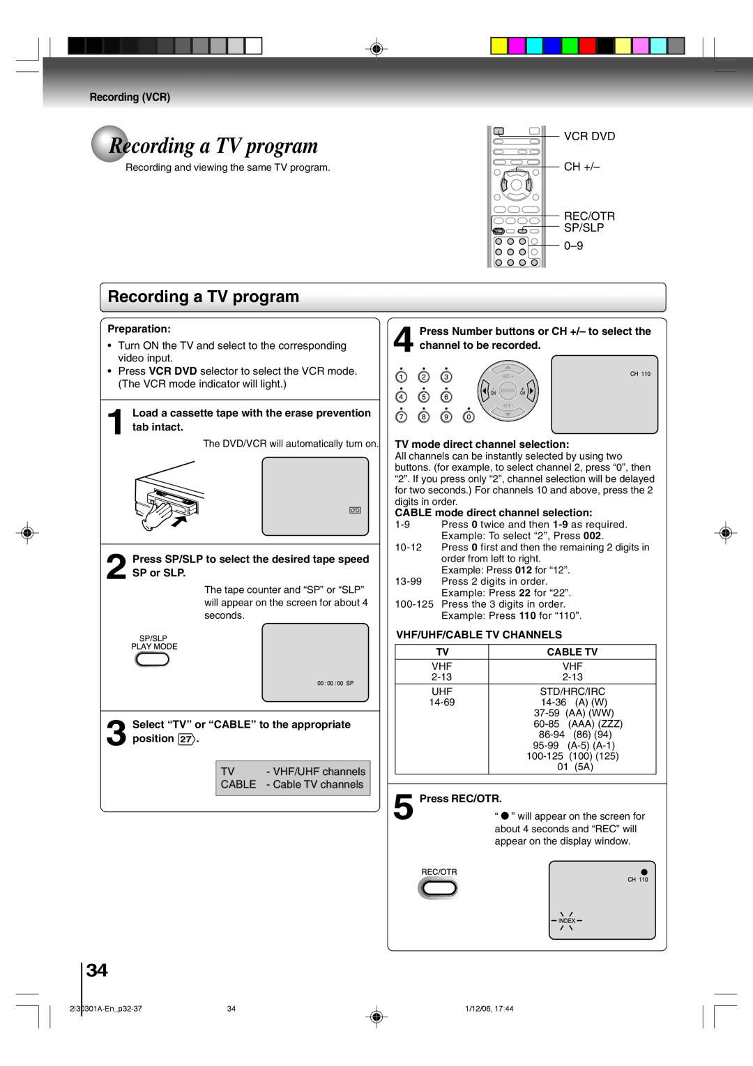 Toshiba HI-FI SQPB owner manual Recording a TV program, Recording VCR, VHF/UHF/CABLE TV Channels Cable TV 