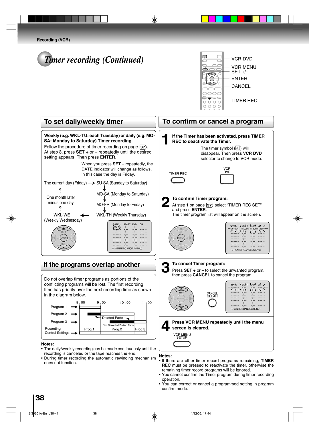 Toshiba HI-FI SQPB owner manual To confirm or cancel a program, If the programs overlap another, To confirm Timer program 