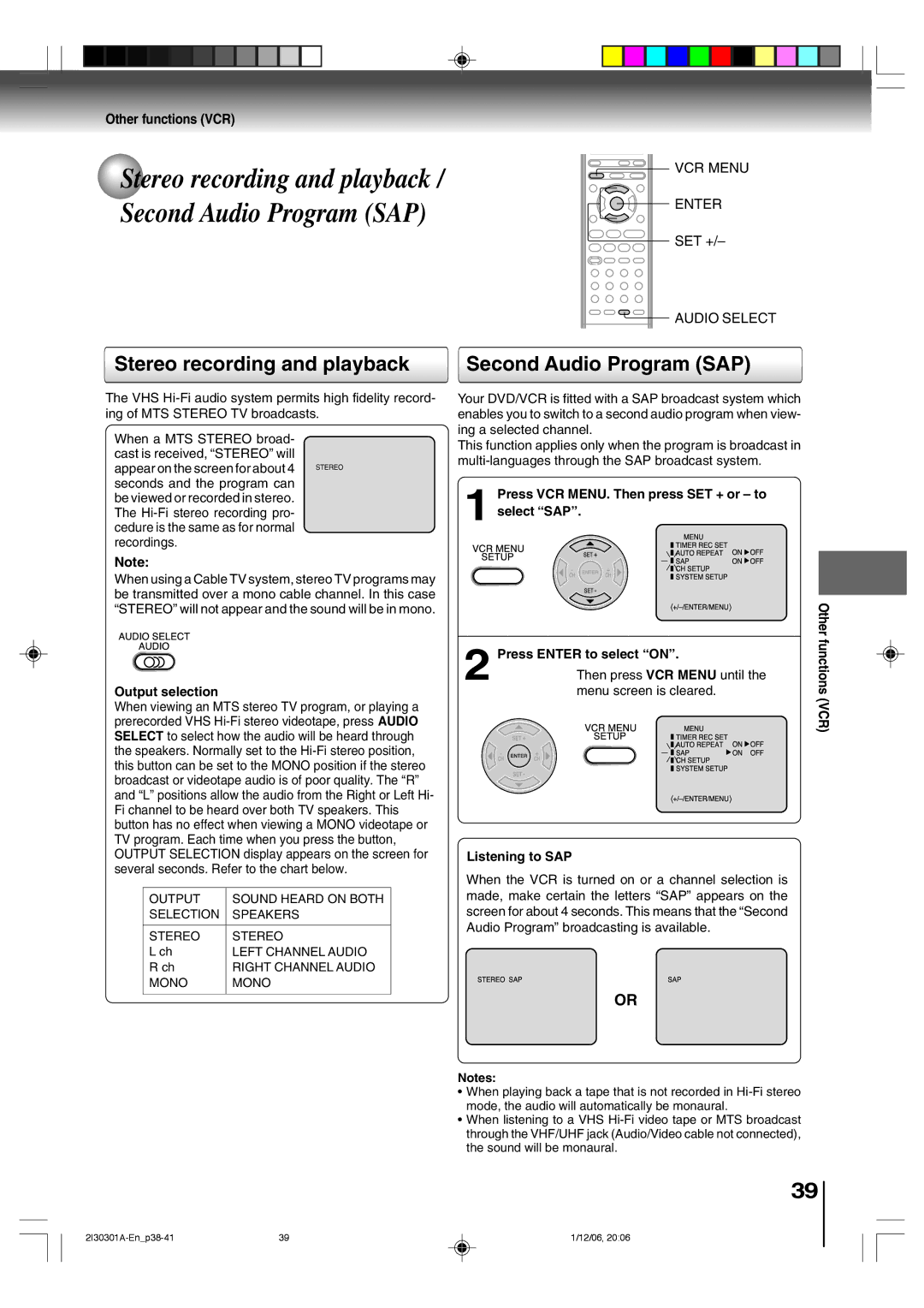 Toshiba HI-FI SQPB Stereo recording and playback Second Audio Program SAP, Other functions VCR, Output selection 