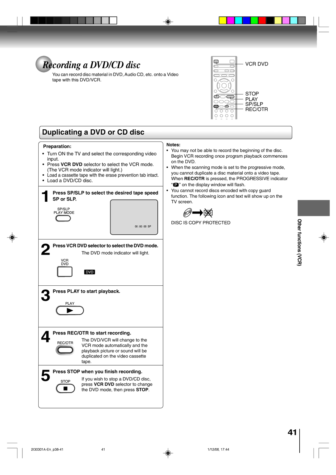 Toshiba HI-FI SQPB owner manual Recording a DVD/CD disc, Duplicating a DVD or CD disc, Press Stop when you finish recording 