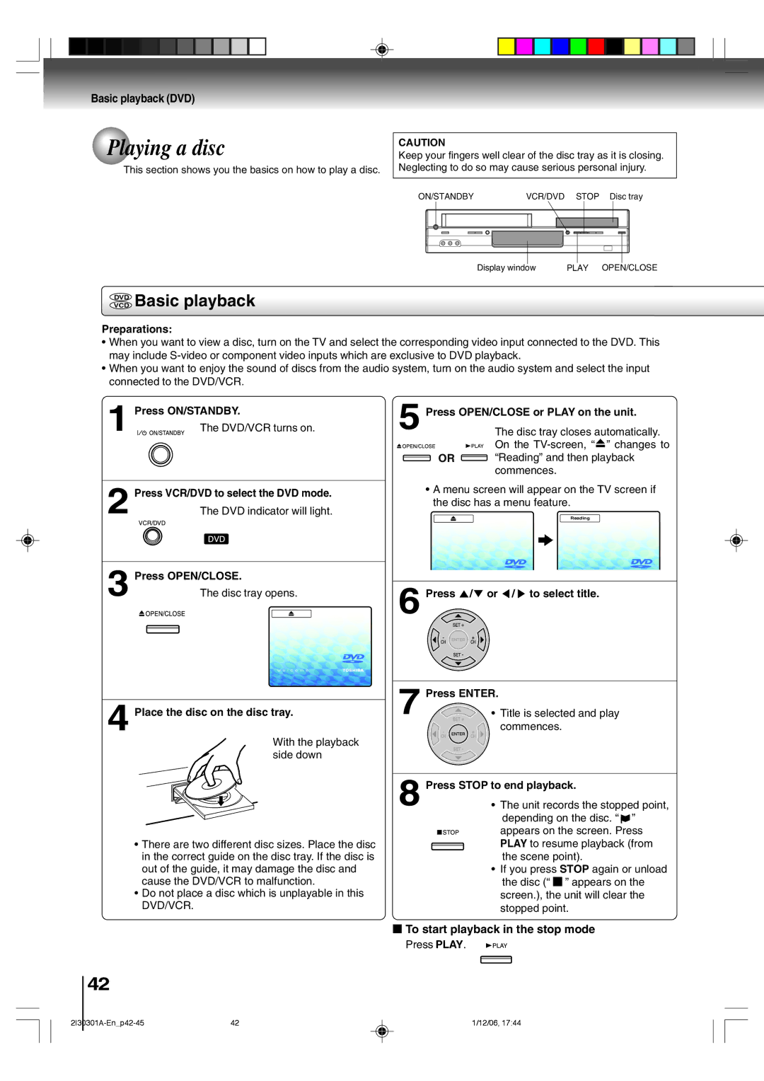 Toshiba HI-FI SQPB Playing a disc, Vcddvd Basic playback, Basic playback DVD, To start playback in the stop mode 