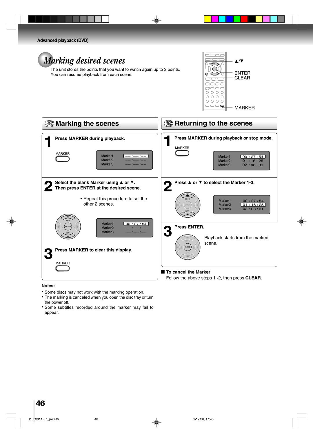 Toshiba HI-FI SQPB owner manual Marking desired scenes, DVD Marking the scenes, Vcddvd Returning to the scenes 