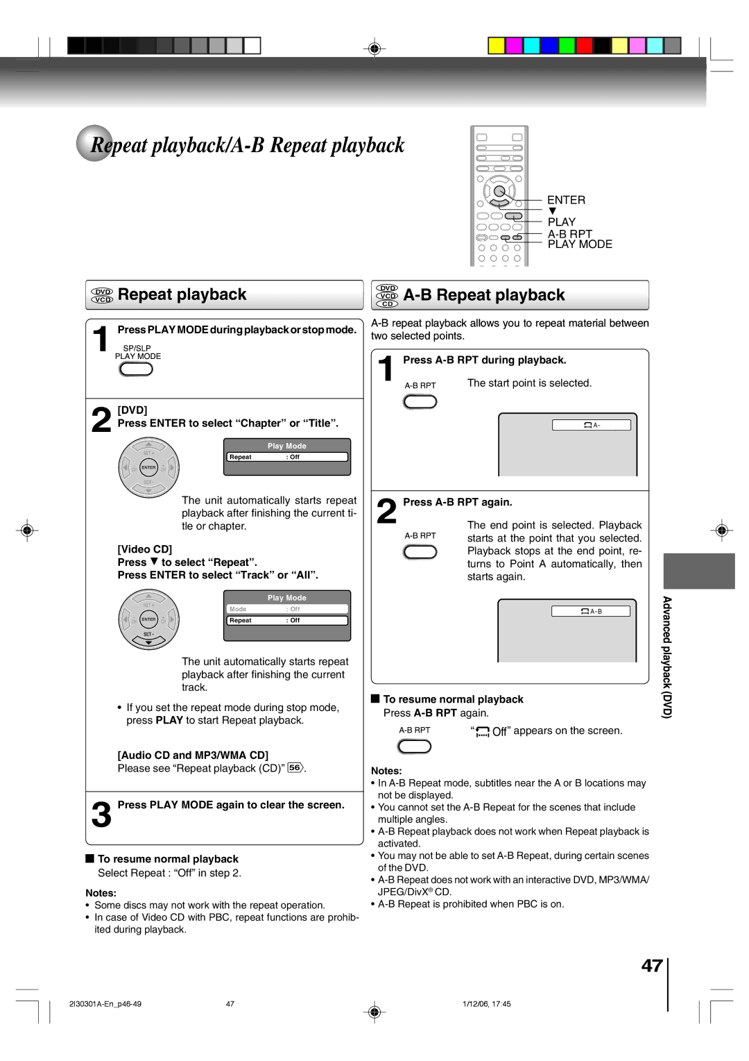 Toshiba HI-FI SQPB owner manual Repeat playback/A-B Repeat playback, Vcddvd Repeat playback, VCD A-B Repeat playback 